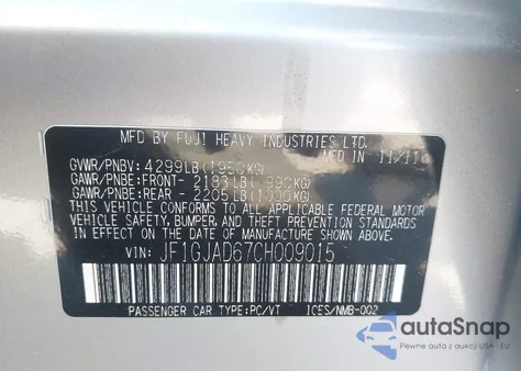 2012 Subaru Impreza 2.0I Premium from USA, damaged, VIN JF1GJAD67CH009015